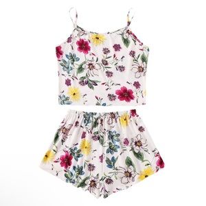 Cream & Multicolor Floral Tank Top & Shorts Pajama Sleep Set